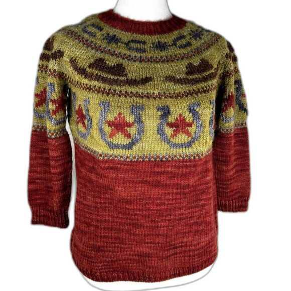 Cowboy Sweater Unisex Sx M Red/Tan Yarn Western Style Theme - Picture 1 of 5